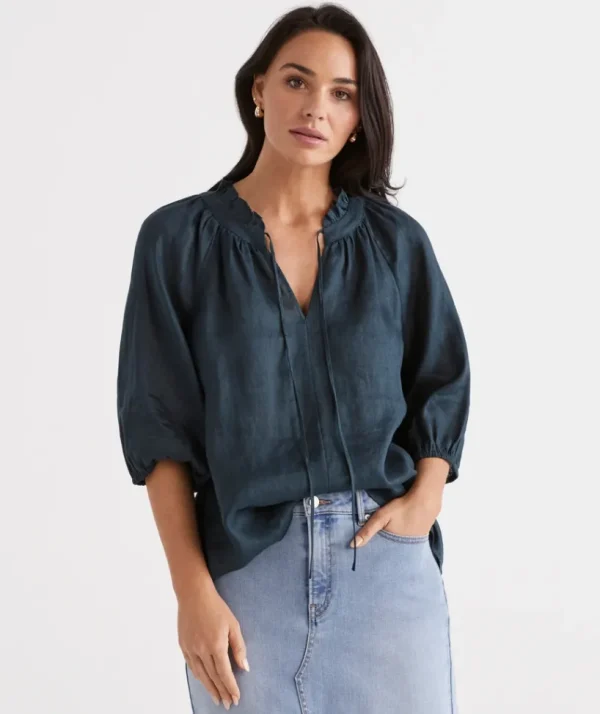 Sussan Linen Notch Neck Blouse-Women Shirts