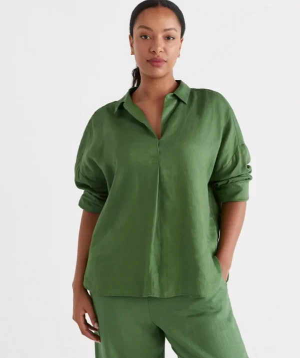 Sussan Linen Tab Sleeve Popover Shirt-Women Shirts