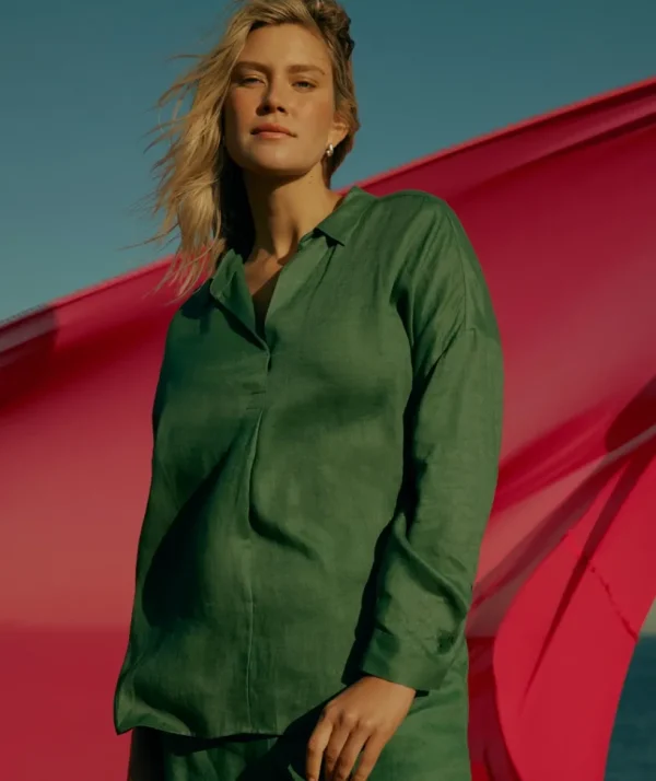 Sussan Linen Tab Sleeve Popover Shirt-Women Shirts