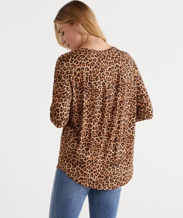 Sussan Long Sleeve Animal Pleat Back Top-Women Tops