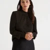 Sussan Metallic Mock Neck Blouson Sleeve Top-Women Tops