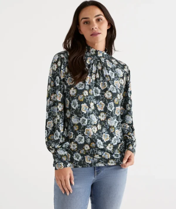 Sussan Mock Neck Etched Petal Sleeve Top-Women Tops