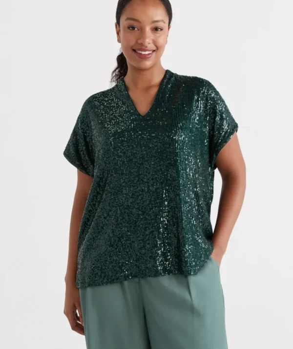 Sussan Sequin V Neck Top-Women Tops
