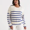 Sussan Stripe Button Shoulder Pullover-Women Knitwear