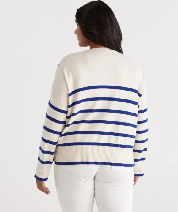 Sussan Stripe Button Shoulder Pullover-Women Knitwear