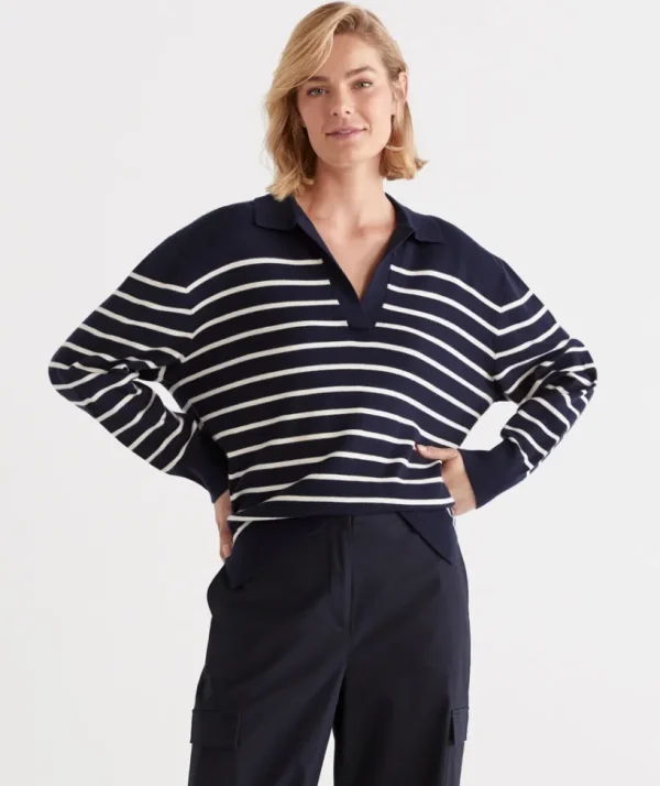 Sussan Stripe Polo Pullover-Women Knitwear