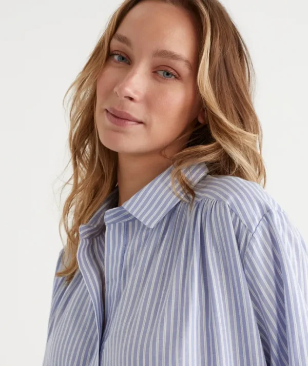 Sussan Ticking Stripe Cotton Twill Night Shirt-Women Nighties