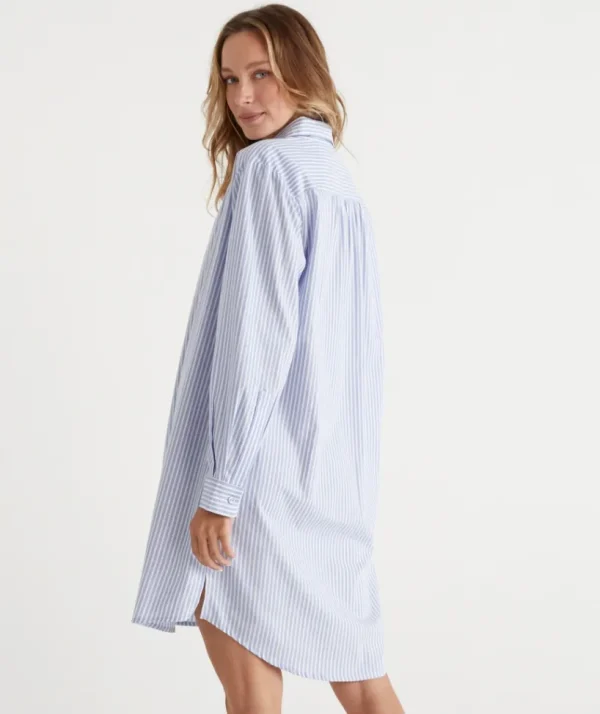Sussan Ticking Stripe Cotton Twill Night Shirt-Women Nighties